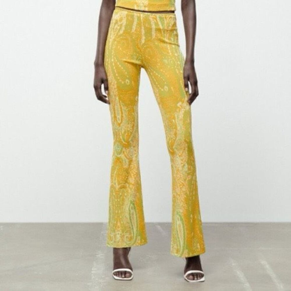 NWT ZARA Gorgeous Sz L Firfirli Jakarli Flare Stretchy Yellow Green Pasley Pants